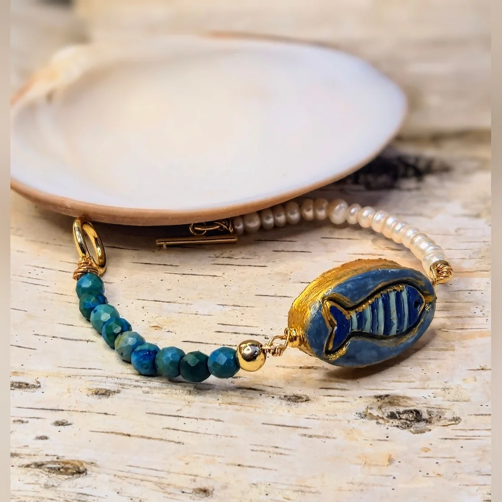 Santorini Inspired Handpainted Blue Fish, Azurite & Pearld In Artisan Bracelet